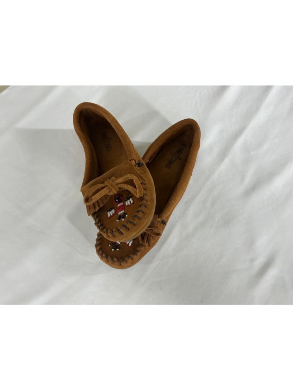 Minnetonka Women's Thunderbird Suede Leather Moccasins Beaded Fringe Tan Size 6 - Picture 11 of 15